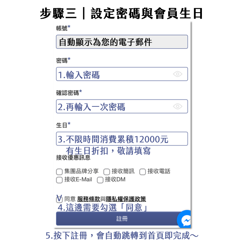 Florihana芳療家 會員帳號疑難排解 新會員帳號註冊說明 設定密碼 設定會員生日