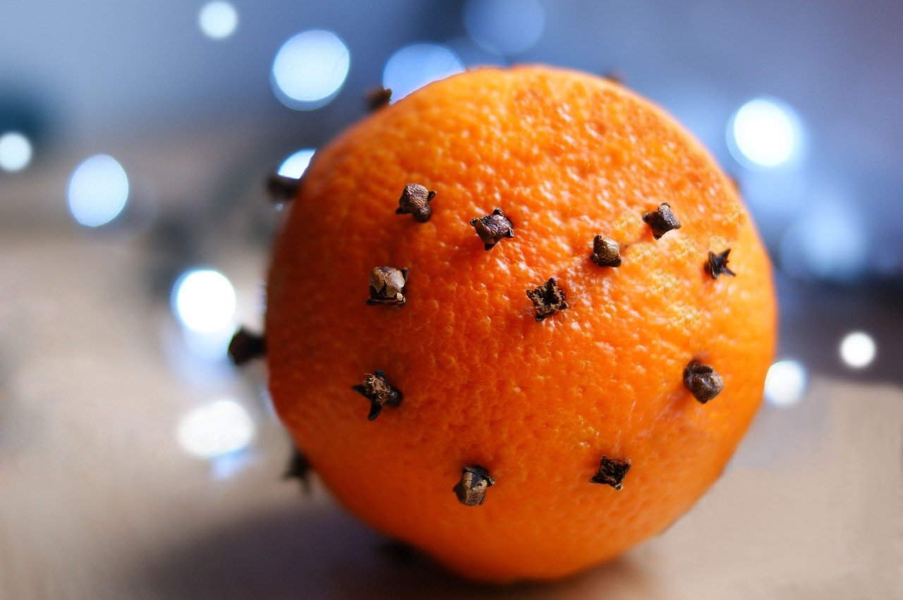 Pomander Balls 甜橙上面插上了丁香花苞