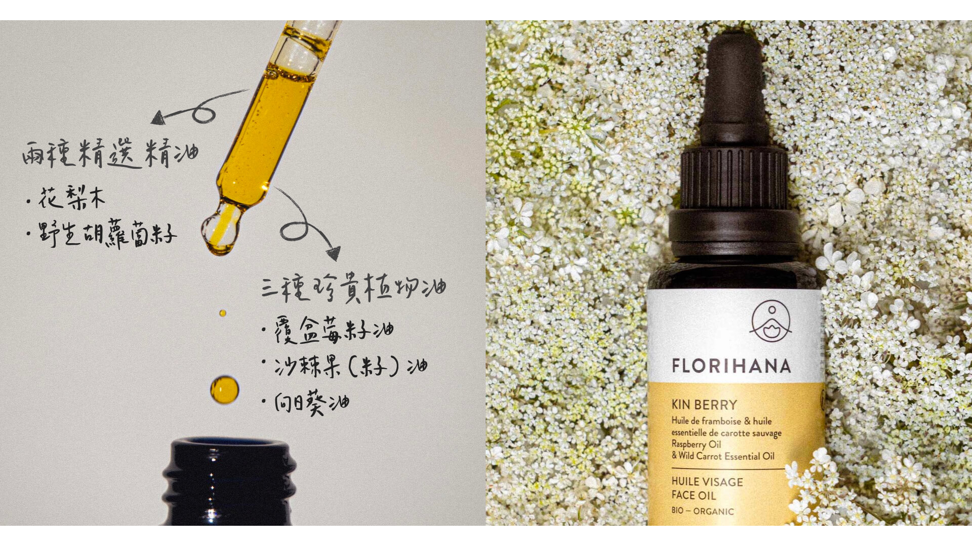Florihana芳療家 璀璨光亮小金瓶 產品特色說明 胡蘿蔔花 滴管滴出橘黃色的油落入瓶中